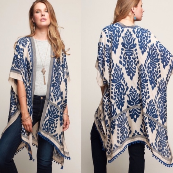 Accessories - Boho gypsy print Pom Pom hem Kimono - blue